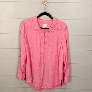 Sigrid Olsen 100% linen pink Henley button top long sleeve size 1X natural